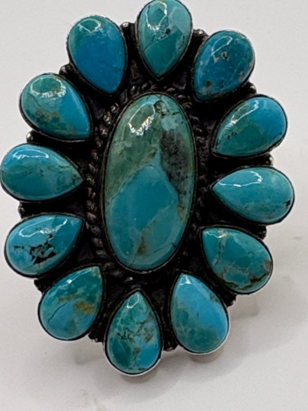 Vintage Navajo Native American Ring Squash Blossom Cluster Bisbee Turquoise 8.25